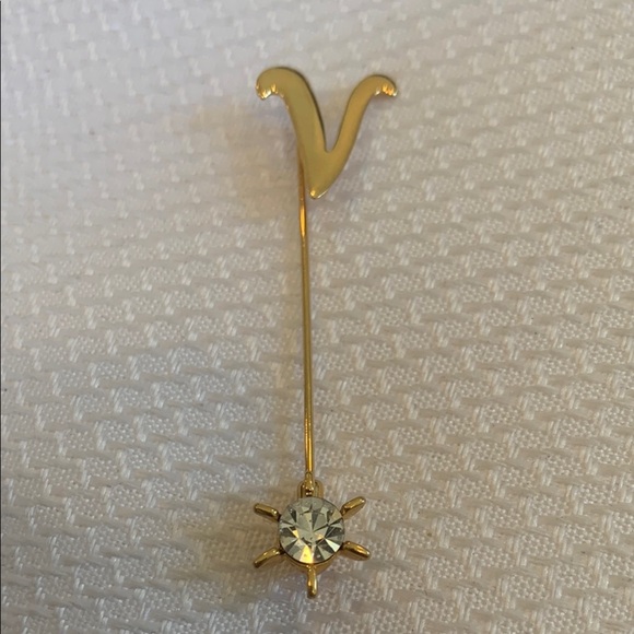 Vintage Gold Tone Monogram Initial V Stick Pin with Crystal Accent - Picture 1 of 4